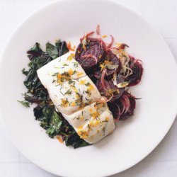 Halibut with Roasted Beets, Beet Greens, and Dill-Orange Gremolata recipe