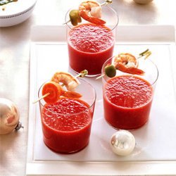 Bloody Mary Soup Shots with Shrimp and Pickled Vegetables recipe