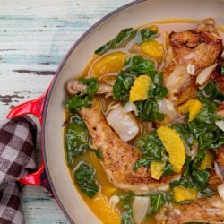 Cane Vinegar Chicken with Pearl Onions, Orange & Spinach recipe