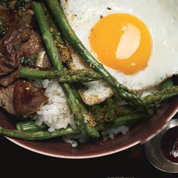 Korean Rice Bowl with Steak, Asparagus, and Fried Egg recipe