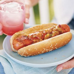 Grilled Hot Dogs with Mango Chutney and Red Onion Relish recipe
