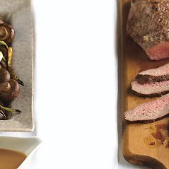 Marinated Tri-Tip with Chinese Mustard Sauce and Roasted Green Onions and Mushrooms recipe
