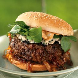 Andouille and Beef Burgers with Spicy Mayo and Caramelized Onions recipe