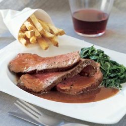 Beef Tenderloin with Red Wine Sauce, Creamed Spinach, and Truffled French Fries recipe