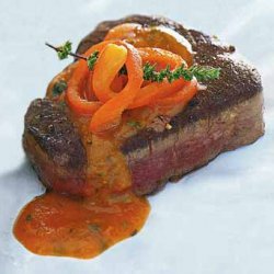 Pan-Seared Filet Mignon with Red Bell Pepper, Tomato, and Basil Sauce recipe