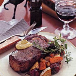 Roasted Rib-Eye Steak with Herbed Mustard Sauce and Root Vegetables recipe