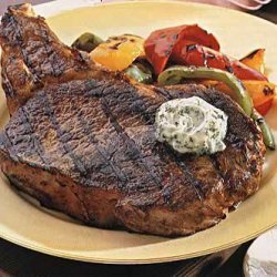 Rib-Eye Steaks with Bell Peppers and Gorgonzola Butter recipe