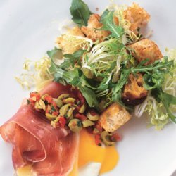 Eggs with Serrano Ham and Manchego Cheese, Green Olive Relish, and Migas recipe