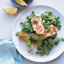 Sizzling Halloumi Cheese with Fava Beans and Mint recipe