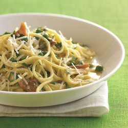 Spaghetti Carbonara with Pork Belly and Fresh Peas recipe