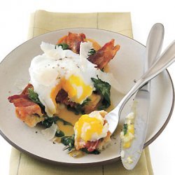 Poached Egg Crostone with Wilted Spinach and Bacon recipe