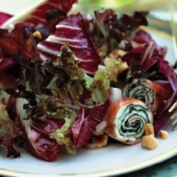 Bronze and Red Lettuce Salad with Serrano Ham and Goat Cheese Spirals recipe