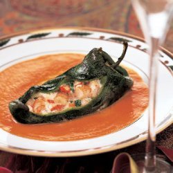 Cheese- and Shrimp-Stuffed Roasted Poblanos with Red Bell Pepper Sauce recipe