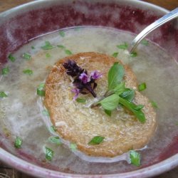 Garlic Soup With Toasted Croutons Basil And Red Ch... recipe