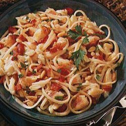 Garlicky Linguine with Crab, Red Bell Pepper and Pine Nuts recipe