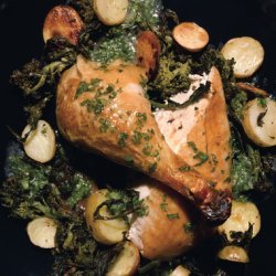 Roast Chicken with Broccoli Rabe, Fingerling Potatoes, and Garlic-Parsley Jus recipe