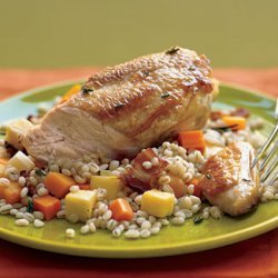 Herb-Basted Chicken with Pearl Barley, Bacon, and Root Vegetable Pilaf recipe
