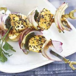Grilled Chicken, Red Onion, and Mint Kebabs with Greek Salad recipe