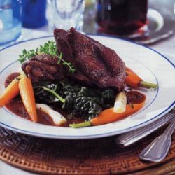 Chicken in Red Wine Sauce with Root Vegetables and Wilted Greens recipe