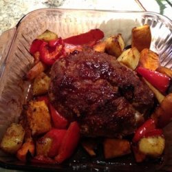 Barbecue Meat Loaf with Chile-Roasted Vegetables recipe