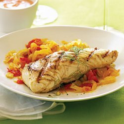Grilled Halibut with Fennel, Tomatoes, and Roasted Garlic Rouille recipe
