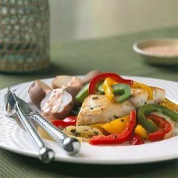 Oven-roasted Striped Bass with Peppers recipe