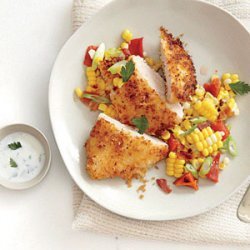 Panko-Crusted Chicken with Roasted Corn Hash and Buttermilk Dressing recipe