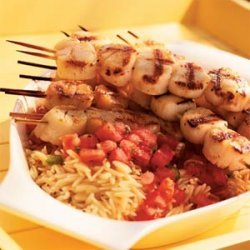 Grilled Scallops with Tomato-Mint Sauce and Orzo recipe