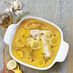 Olive Oil-Poached Black Cod with Lemons, Capers, and Thyme recipe