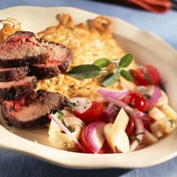 Patrick Sage-y Crusted Lamb Loin with Angel Hair Pancake and Broken Hearts of Palm-Tomato Salad recipe