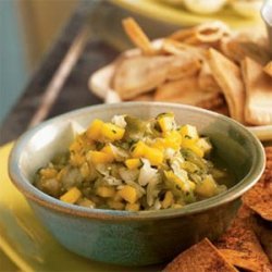 Roasted Tomatillo-Mango Salsa with Spiced Tortilla Chips recipe