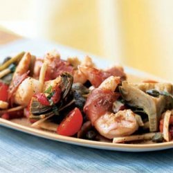 Prosciutto-Wrapped Shrimp on Artichoke, Fennel, and Tomato Salad recipe