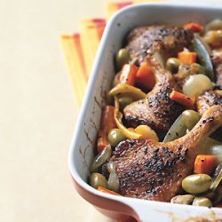 Spice-Rubbed Duck Legs Braised with Green Olives and Carrots recipe