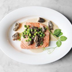 Poached Wild Salmon with Peas and Morels recipe