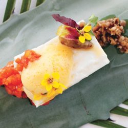 Braised Halibut Fillets in Coconut and Lemongrass with Smoked Eggplant and Tomato Ginger Chutney recipe