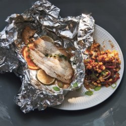 Flounder with Corn and Tasso Maque Choux recipe