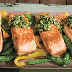 Salmon with Snap Peas, Yellow Peppers, and Dill-Pistachio Pistou recipe