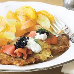 Potato Latkes with Smoked Salmon, Caviar, and Tarragon Crème Fraîche recipe