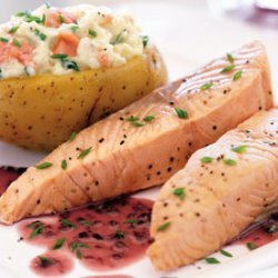 Salmon with Beurre Rouge and Smoked-Salmon-Stuffed Baked Potato recipe