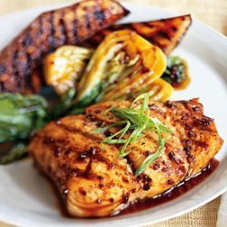 Grilled Halibut, Eggplant, and Baby Bok Choy with Korean Barbecue Sauce recipe
