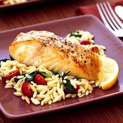 Baked Halibut with Orzo, Spinach, and Cherry Tomatoes recipe
