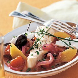 Halibut Steamed with Oranges, Tomatoes, and Olives recipe