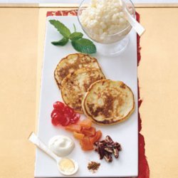 Blinis with Tapioca Caviar, Candied Fruits, Toasted Pecans, and Crème Fraîche recipe
