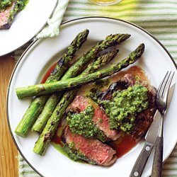 Rib-Eye Steaks with Pistachio Butter and Asparagus recipe