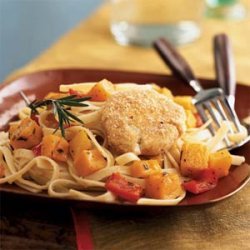 Baked Goat Cheese and Roasted Winter Squash over Garlicky Fettuccine recipe