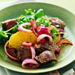 Seared Sirloin with Balsamic Red Onions, Watercress, and Oranges recipe