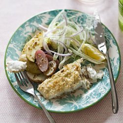 Halibut with Panko-Horseradish Crust and Warm Fingerling Potato Salad recipe