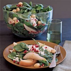 Poached Pear, Macadamia, and Spinach Salad with Goat Cheese recipe