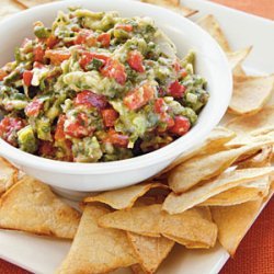 Roasted Garlic, Poblano, and Red Pepper Guacamole with Homemade Tortilla Chips recipe