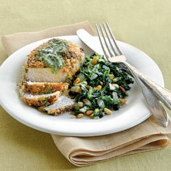 Pesto-Crusted Pork Chops with Sweet-and-Sour Collards recipe